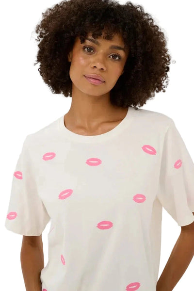 WHITE CREW NECK LIP DETAILED T SHIRT T Shirts & Tops CULTURE XS Whiye/Pink 