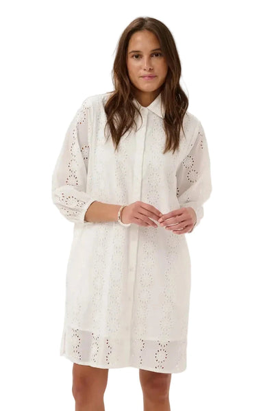 WHITE EYELIT DETAIL SHIRT DRESS Dress Kaffe 34 Chalk 