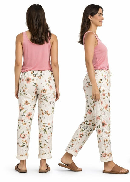 WHITE FLORAL PRINTED CRINKLE JOGGER Pants Elissia 