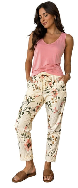 WHITE FLORAL PRINTED CRINKLE JOGGER Pants Elissia 