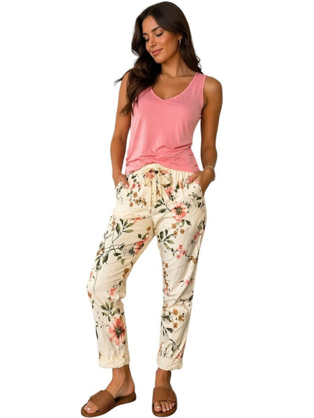 WHITE FLORAL PRINTED CRINKLE JOGGER Pants Elissia S Baby Blue 