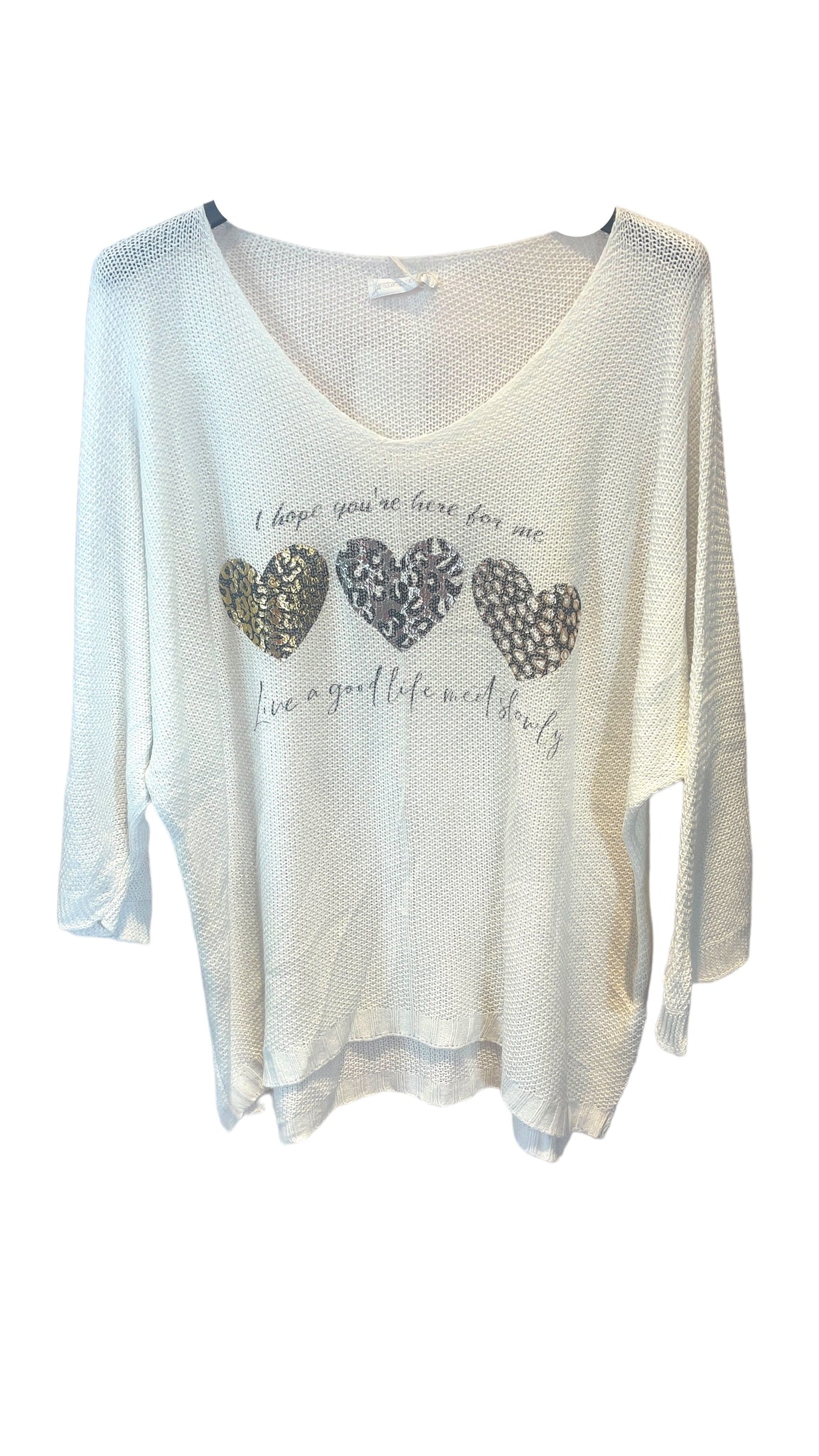 WHITE HEART METALLIC LEOPARD LOOSE OPEN KNIT SWEATER Sweater Karma OS White 