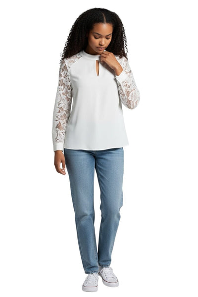 WHITE LINED LACE SLEEVE KEYHOLE FRONT BACK TOP Blouse Bali 