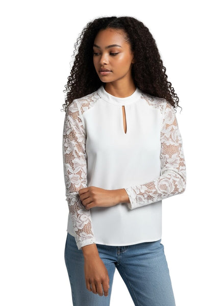 WHITE LINED LACE SLEEVE KEYHOLE FRONT BACK TOP Blouse Bali 