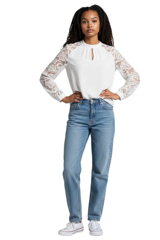 WHITE LINED LACE SLEEVE KEYHOLE FRONT BACK TOP Blouse Bali XS White 