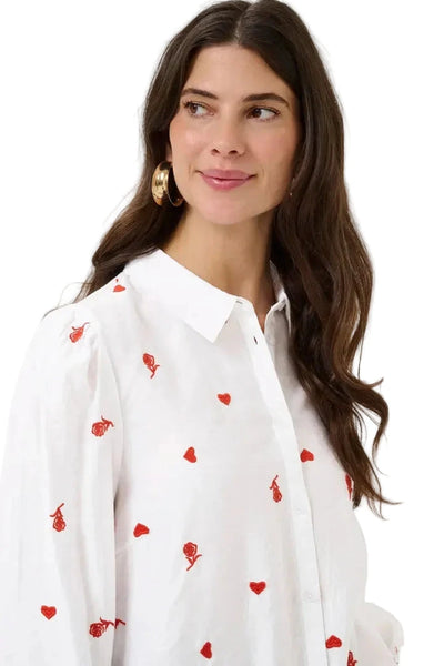 WHITE LONG SLEEVE SHIRT WITH RED EMBROIDERY Shirts & Tops CREAM 