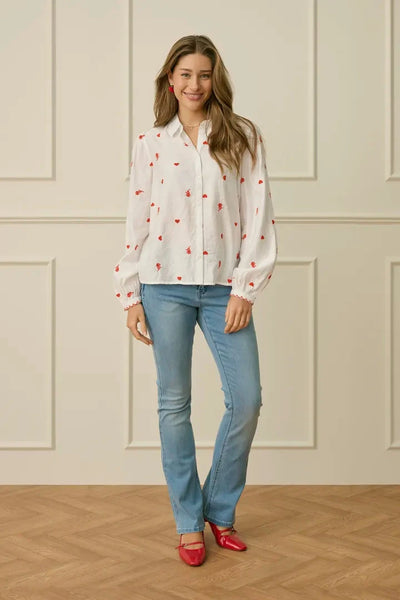 WHITE LONG SLEEVE SHIRT WITH RED EMBROIDERY Shirts & Tops CREAM 