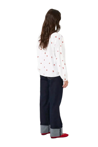 WHITE LONG SLEEVE SHIRT WITH RED EMBROIDERY Shirts & Tops CREAM 