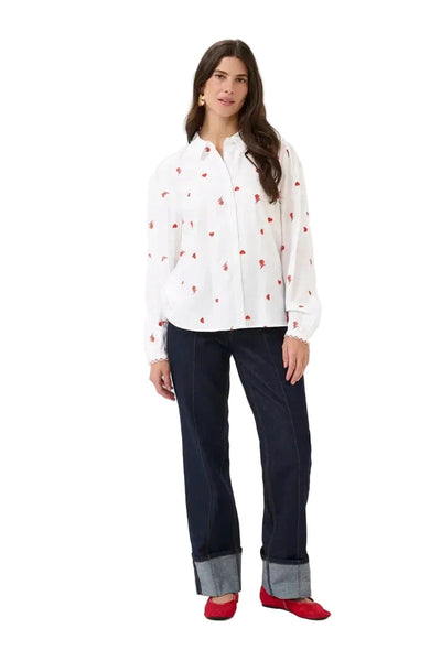 WHITE LONG SLEEVE SHIRT WITH RED EMBROIDERY Shirts & Tops CREAM 