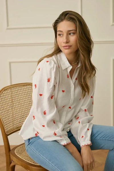 WHITE LONG SLEEVE SHIRT WITH RED EMBROIDERY Shirts & Tops CREAM 