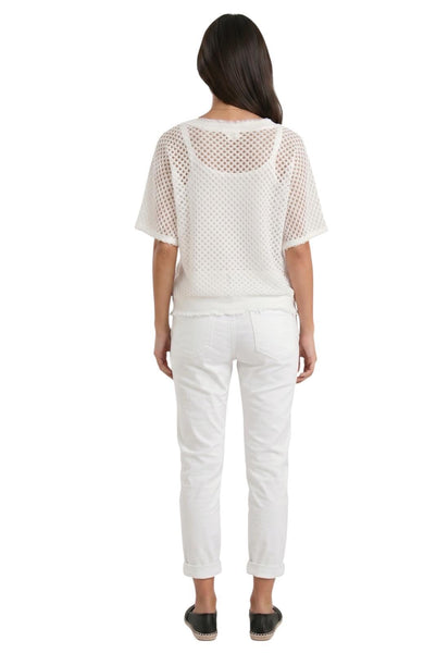 WHITE OPEN KNIT LINED DISTRESSED NECKLINE TOP Shirts & Tops Made In Italy 