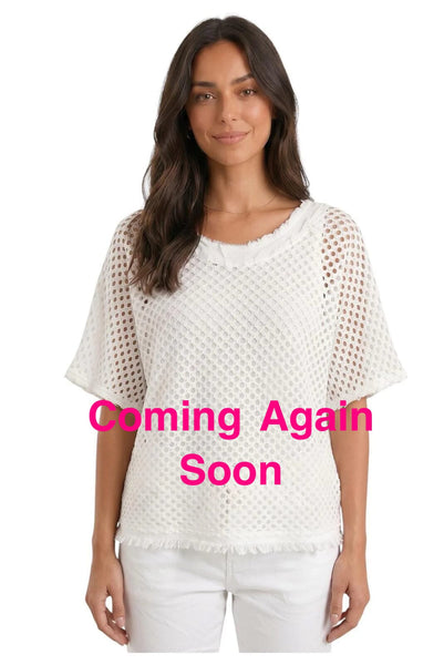 WHITE OPEN KNIT LINED DISTRESSED NECKLINE TOP Shirts & Tops Made In Italy 