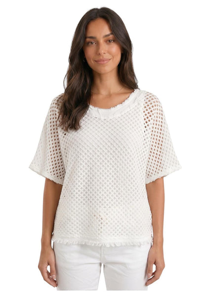 WHITE OPEN KNIT LINED DISTRESSED NECKLINE TOP Shirts & Tops Made In Italy One Size White 