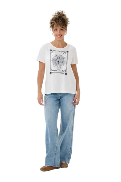 WHITE WITH NAVY PRINT FORTUNE CAT T SHIRT T-Shirt CREAM 