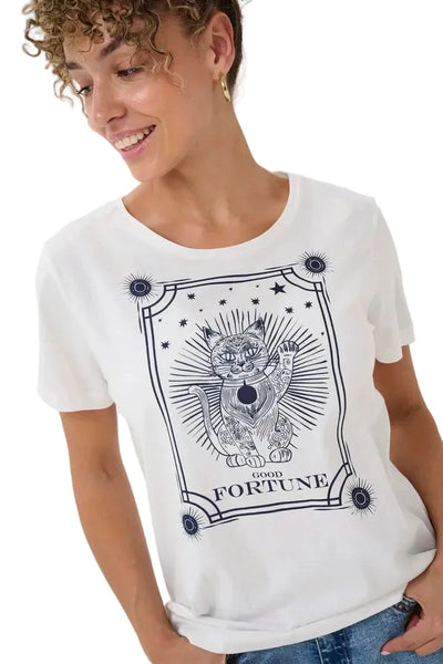 WHITE WITH NAVY PRINT FORTUNE CAT T SHIRT T-Shirt CREAM XS White 