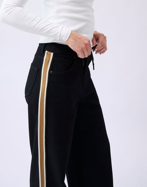 WIDE HIGH RISE BLACK JEANS WITH TAN STRIPE DOWN SIDE Jeans Yoga Jeans 