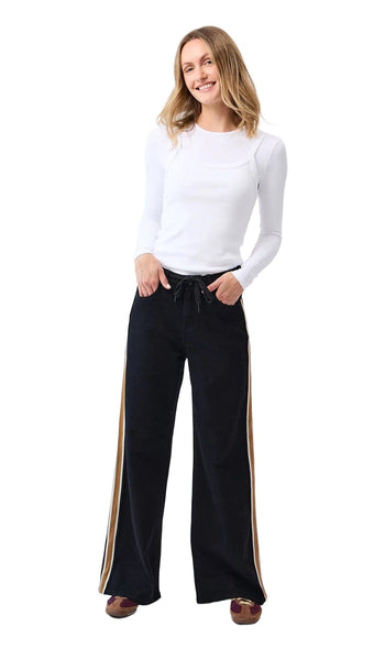 WIDE HIGH RISE BLACK JEANS WITH TAN STRIPE DOWN SIDE Jeans Yoga Jeans 2/26 Horizon 