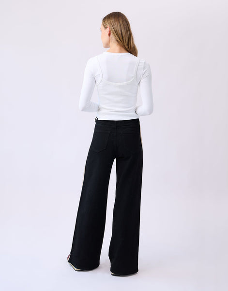 WIDE HIGH RISE BLACK JEANS WITH TAN STRIPE DOWN SIDE Jeans Yoga Jeans 
