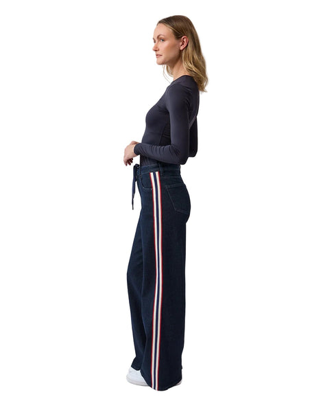 WIDE HIGH RISE BLUE JEANS WITH RED AND NAVY STRIPE DOWN SIDE Jeans Yoga Jeans 