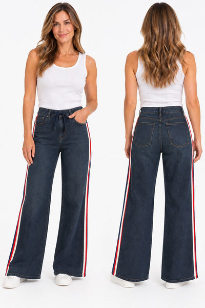 WIDE HIGH RISE BLUE JEANS WITH RED AND NAVY STRIPE DOWN SIDE Jeans Yoga Jeans 