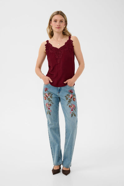 WINE FLOWY TANK WITH LACE NECKLINE AND ADJUSTABLE STRAPS Camisole CREAM 
