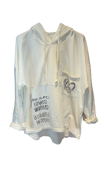 WINTER WHITE SILVER HEART BEAUTIFIUL COTTON HOODY Sweater Karma OS Winter White 