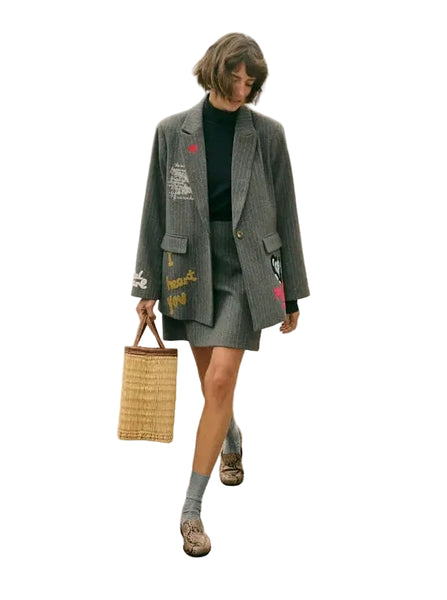 WOVEN APPLIQUE OVERSIZED PINSTRIPE BLAZER Blazer CULTURE 34 Grey 