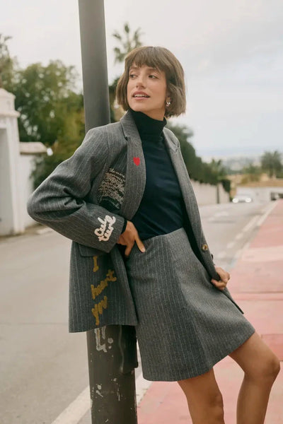 WOVEN APPLIQUE OVERSIZED PINSTRIPE BLAZER Blazer CULTURE 