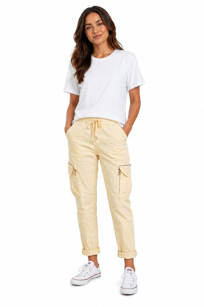 YELLOW CRINKLE CARGO DRAWSTRING JOGGER PANT WITH ZIPPER Pants Made In Italy One Size Yellow 
