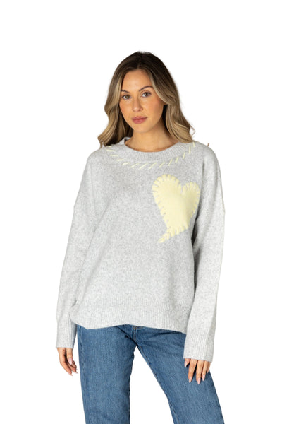 YELLOW HEART GREY CREWNECK SWEATER SWEATER LYLA + LUXE XS Ash/Lemonade 