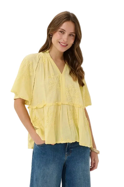 YELLOW PEPLIN SHORT SLEEVE TOP Blouse Culture S Yellow 