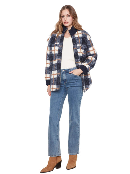 ZIPPER FRONT FUZZY PLAID BOUCLE JACKET WITH RIB COLLAR AND ROUNDED HEM Jacket Charlie B 