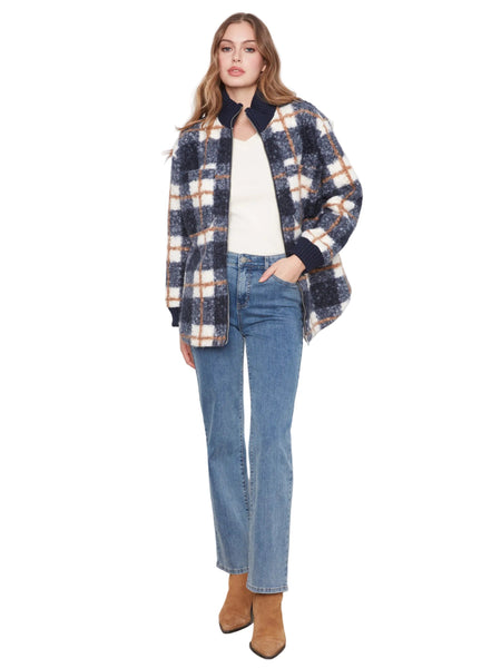 ZIPPER FRONT FUZZY PLAID BOUCLE JACKET WITH RIB COLLAR AND ROUNDED HEM Jacket Charlie B 