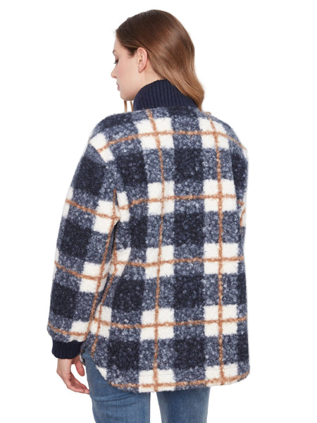 ZIPPER FRONT FUZZY PLAID BOUCLE JACKET WITH RIB COLLAR AND ROUNDED HEM Jacket Charlie B 