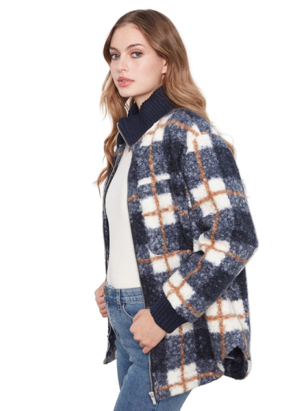 ZIPPER FRONT FUZZY PLAID BOUCLE JACKET WITH RIB COLLAR AND ROUNDED HEM Jacket Charlie B 