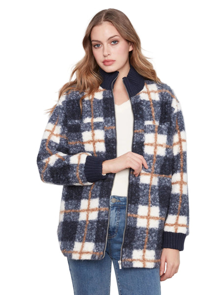 ZIPPER FRONT FUZZY PLAID BOUCLE JACKET WITH RIB COLLAR AND ROUNDED HEM Jacket Charlie B 