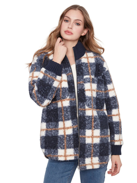 ZIPPER FRONT FUZZY PLAID BOUCLE JACKET WITH RIB COLLAR AND ROUNDED HEM Jacket Charlie B S Midnight Plaid 