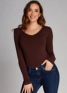 BAMBOO V NECK LONG SLEEVE BROWN TOP Top C'est Moi ONE SIZE Brown 