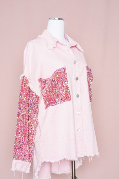 CHENILLE SEQUIN SLEEVE PINK DENIM SHIRT JACKET Shirts & Tops FashionWear Collection 