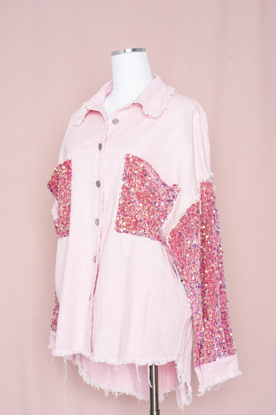 CHENILLE SEQUIN SLEEVE PINK DENIM SHIRT JACKET Shirts & Tops FashionWear Collection 