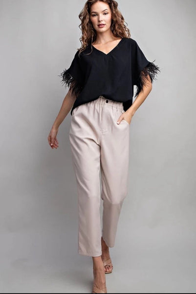 FEATHERED SHORT SLEEVE V NECK TOP Top FashionWear Collection 