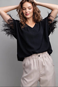 FEATHERED SHORT SLEEVE V NECK TOP Top FashionWear Collection S Black 