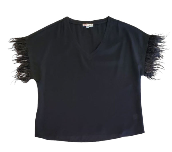 FEATHERED SHORT SLEEVE V NECK TOP Top FashionWear Collection S Black 