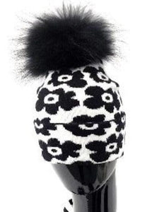 FLORAL PRINT POM POM HAT FashionWear Collection Black/White 