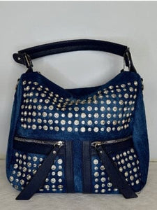 FRONT POCKETS CRYSTAL EMBELLISHED DENIM HANDBAG Handbag FashionWear Collection Denim Blue 