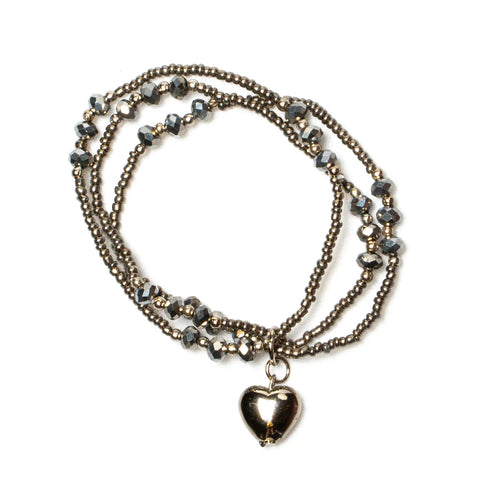 GREY SILVER HEART BEADED BRACELET Bracelet FashionWear Collection 