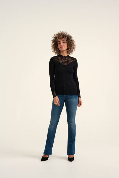 LACE EMBELLISHED BLACK LONG SLEEVE TOP Top CREAM 