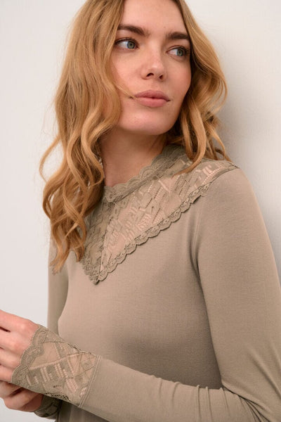 LACE EMBELLISHED LONG SLEEVE TOP Top CREAM XS Taupe 
