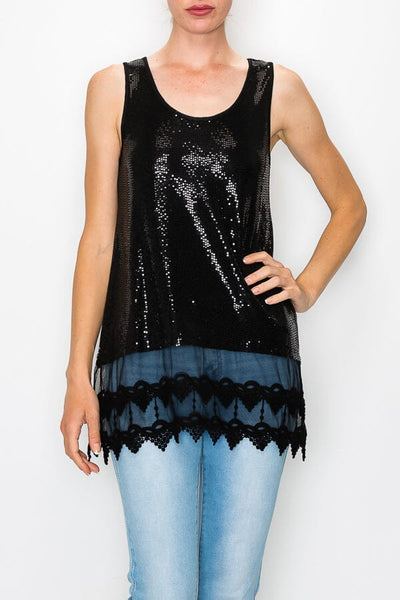 LACE LAYER BLACK SEQUIN TANK Tank FashionWear Collection S Black 