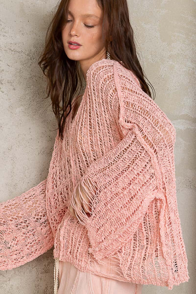 LIGHT PINK DISTRESSED CROCHET SWEATER Sweater FashionWear Collection 